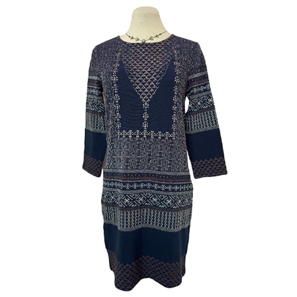 BCBGMAXAZRIA Pullover Shift Navy Print Sweater 3/4 Sleeve Dress